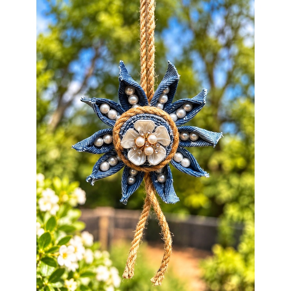 Handmade Denim Flower Hanging Decoration Faux Pearl Jute Boho Farmhouse Decor 2